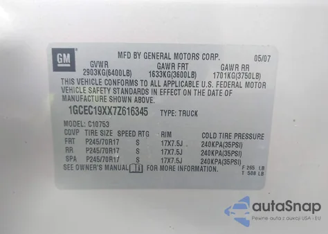 2007 Chevrolet Silverado 1500 Work Truck from USA, damaged, VIN 1GCEC19XX7Z616345